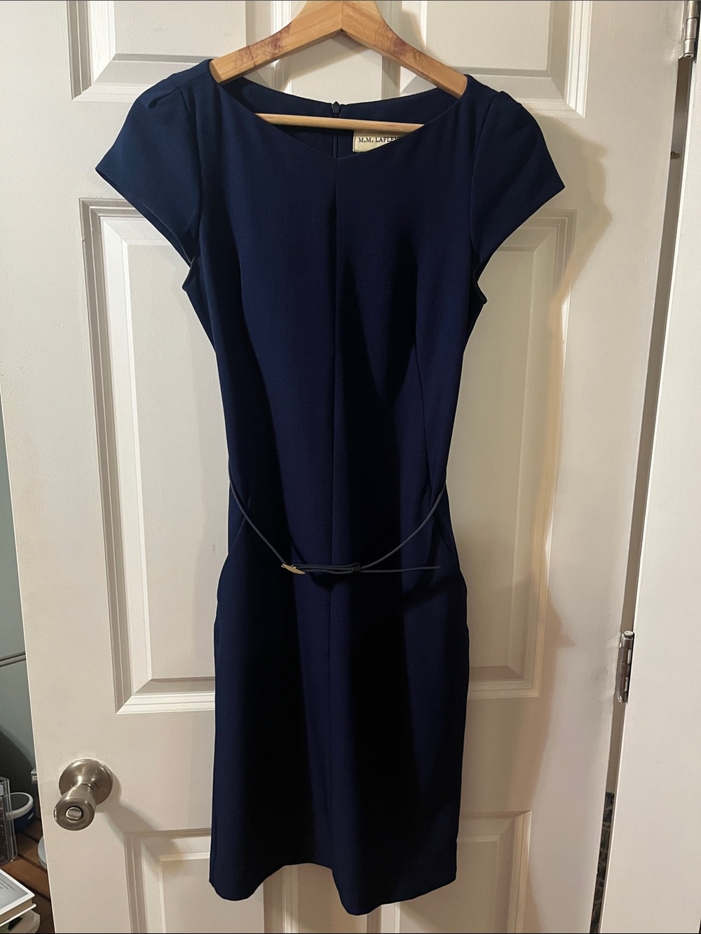 MM Lafleur Navy Cap Sleeve Sheath Dress